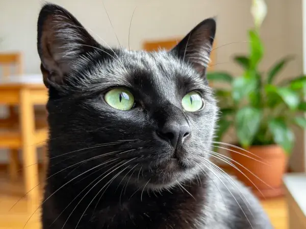 室内暖光下的灰黑色短毛家猫