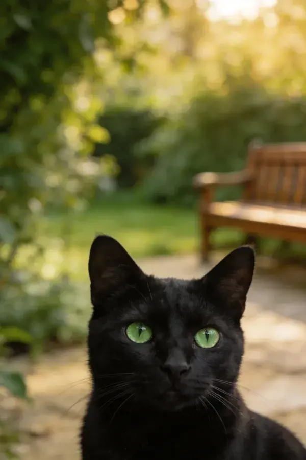 近景捕捉一只短毛黑猫于花园小径