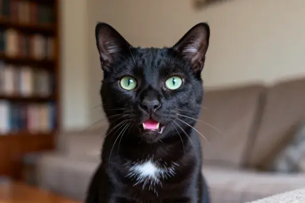 短毛家猫张嘴凝视镜头瞬间