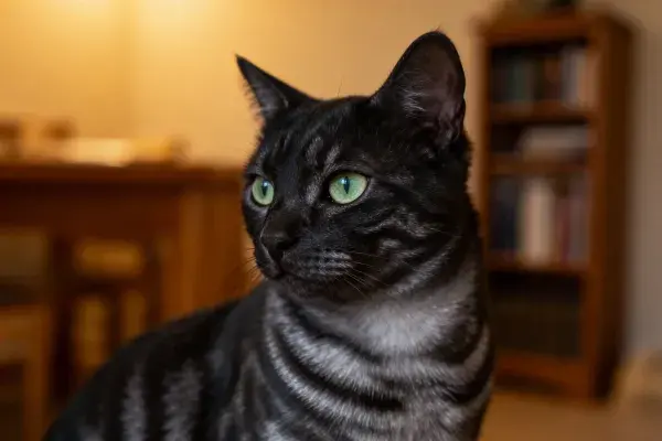 客厅暖光下的银灰虎斑猫