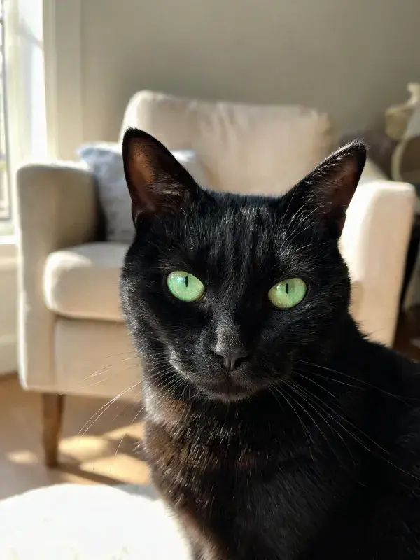 室内环境中绿眼黑猫的特写