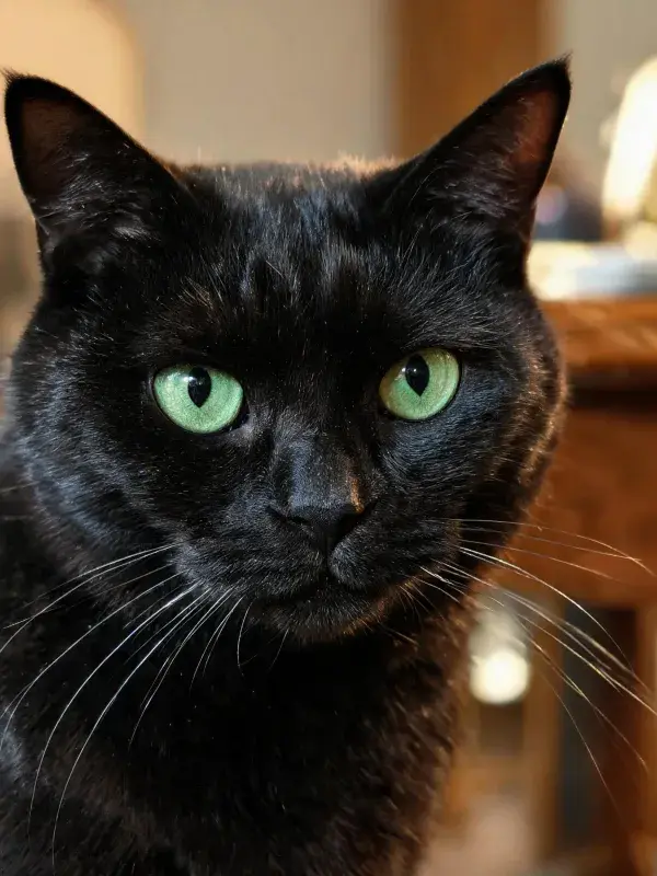 黑色绿眸短毛家猫特写画面