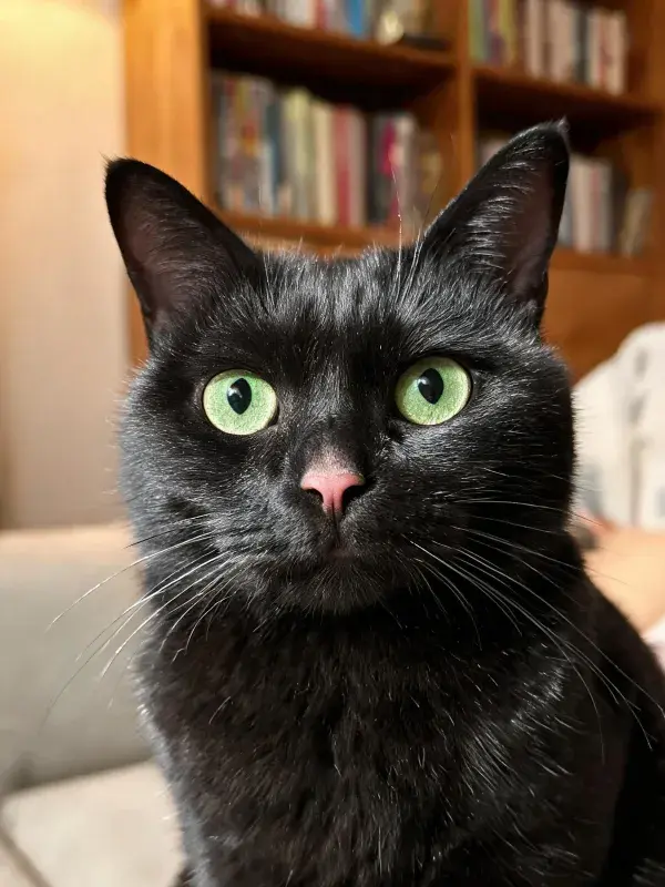 客厅书架前的短毛家猫特写