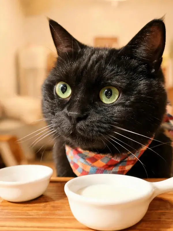 酒吧桌前戴围巾的短毛黑猫