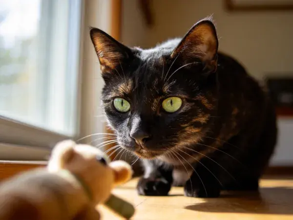 玳瑁色短毛家猫观察玩具