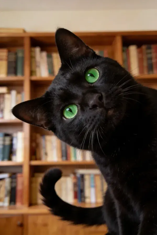 黑短毛家猫抬头于书架前