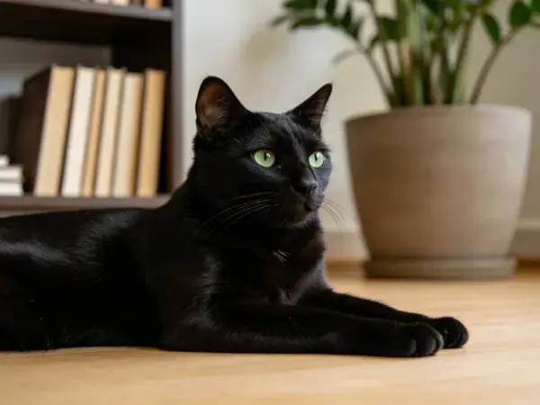 室内书架旁短毛家猫静卧场景