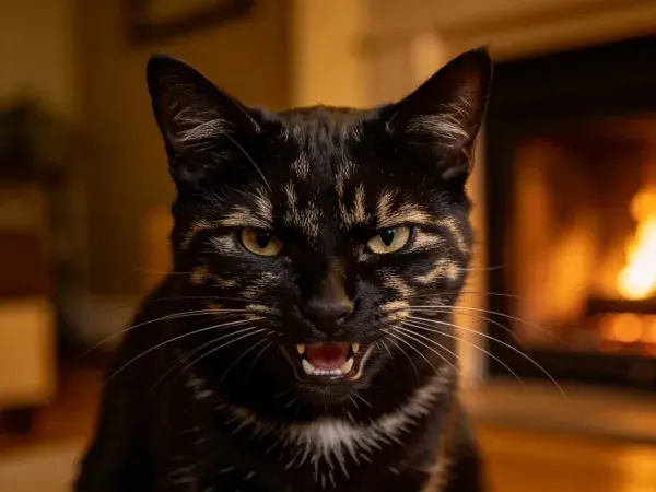 室内暖光下黑色玳瑁猫特写