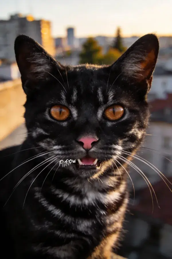 黑虎斑猫张嘴凝视户外屋顶