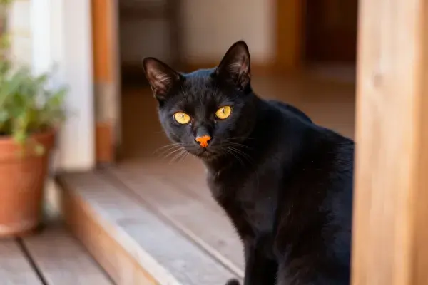 木廊边黑短毛家猫的注视瞬间