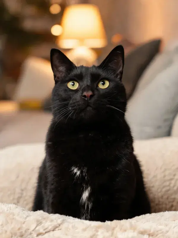 黑色带白斑短毛家猫在室内软垫上的状态