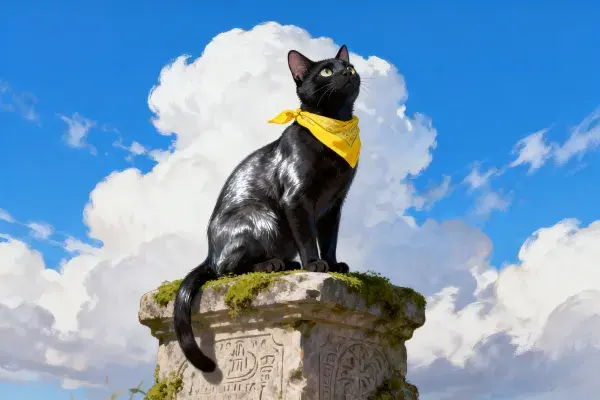 黑色短毛家猫与石柱场景