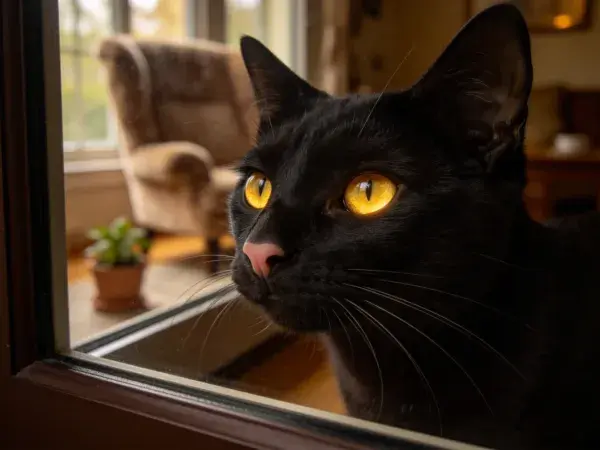 室内窗边短毛黑猫特写场景