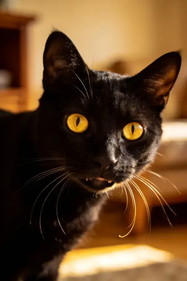 室内暖光场景中短毛黑猫特写