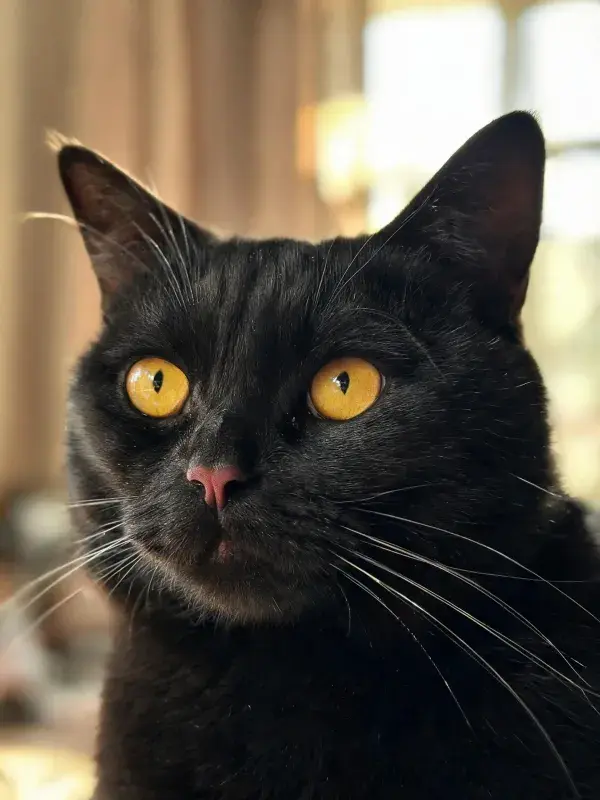 室内暖光下的黑色短毛猫
