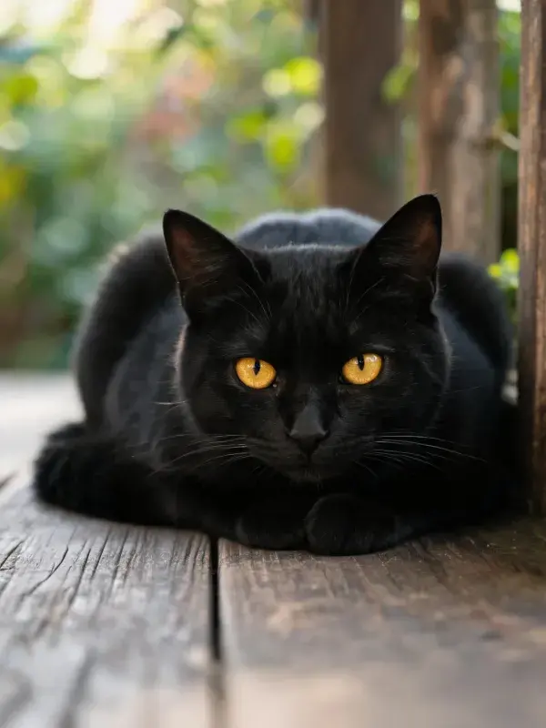 园林角落短毛黑猫休憩图景