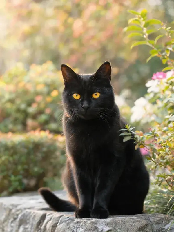 短毛黑猫在园林石壁处静坐图景