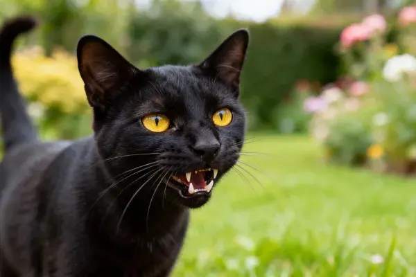 短毛黑猫张嘴露齿于花园草地