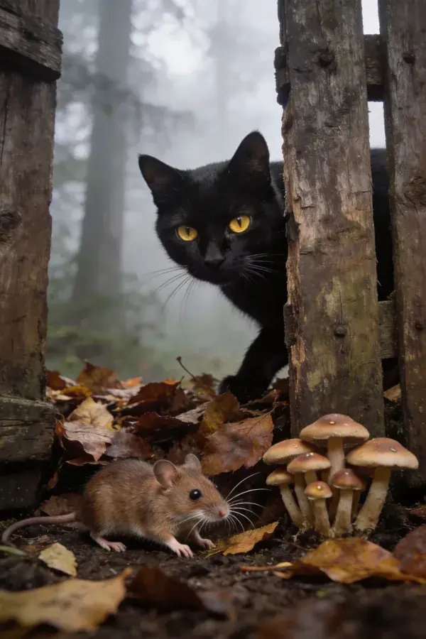 雾气中的木栅栏处黑猫与小鼠场景