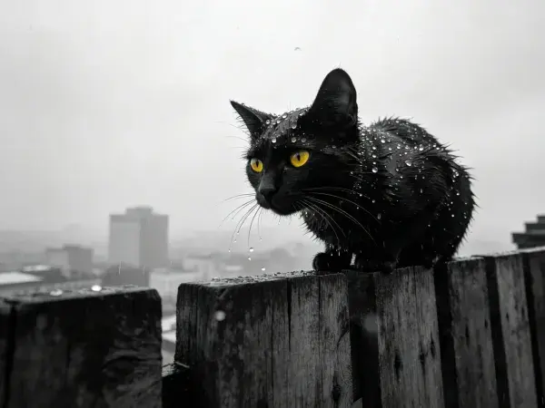 雨天木栅栏上的短毛家猫