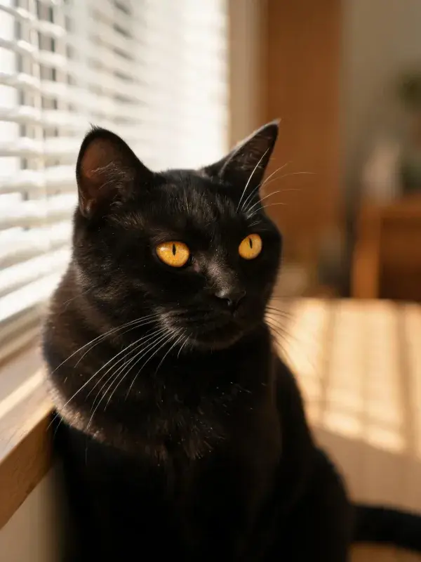 阳光明亮窗边短毛黑猫图景
