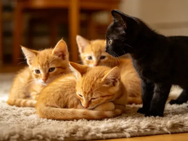 阳光下室内地毯上的短毛家猫群像