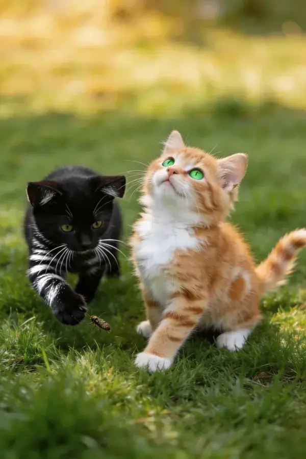 短毛家猫追逐昆虫于草地