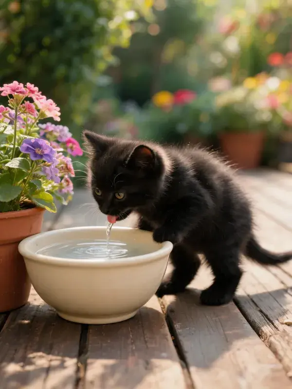 黑色短毛小猫饮水瞬间