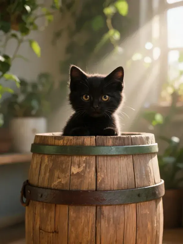短毛黑猫在木桶内的状态