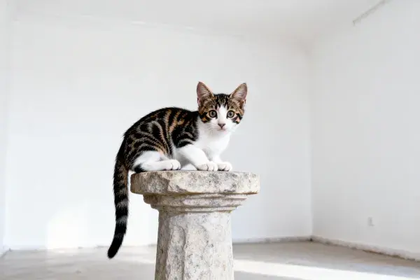 石质基座上黑白橙相间短毛家猫的观察瞬间