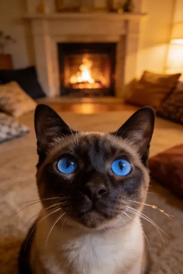 壁炉暖光下蓝眼暹罗猫特写