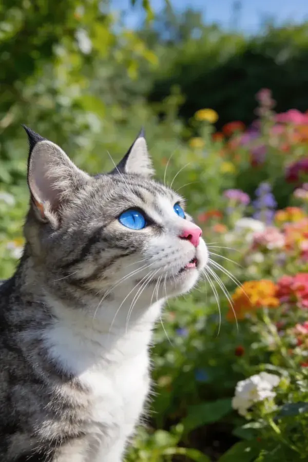 露天花园中蓝眼灰虎斑猫眺望花卉