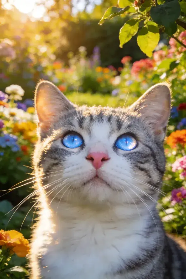 蓝眼短毛家猫凝视花园花卉