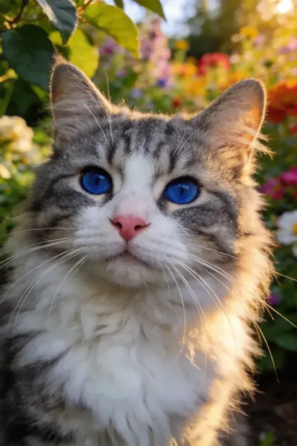 阳光花园中双色长毛猫特写