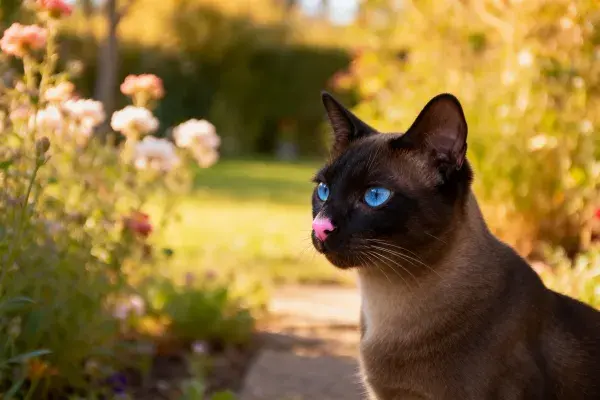 花园中蓝眼睛暹罗猫的观察瞬间