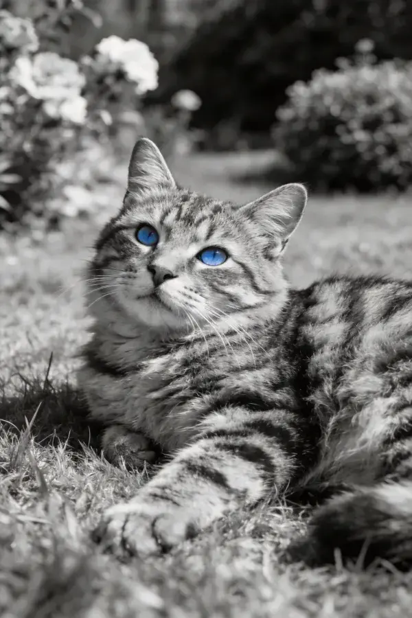 露天环境中蓝眼短毛虎斑猫特写