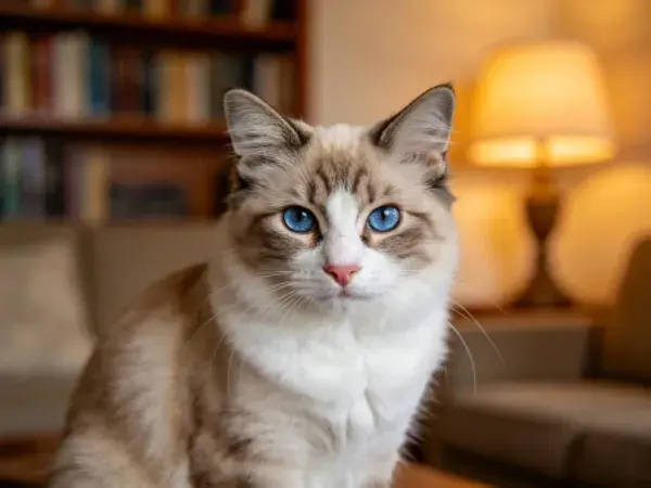 阳光下蓝眼睛布偶猫特写