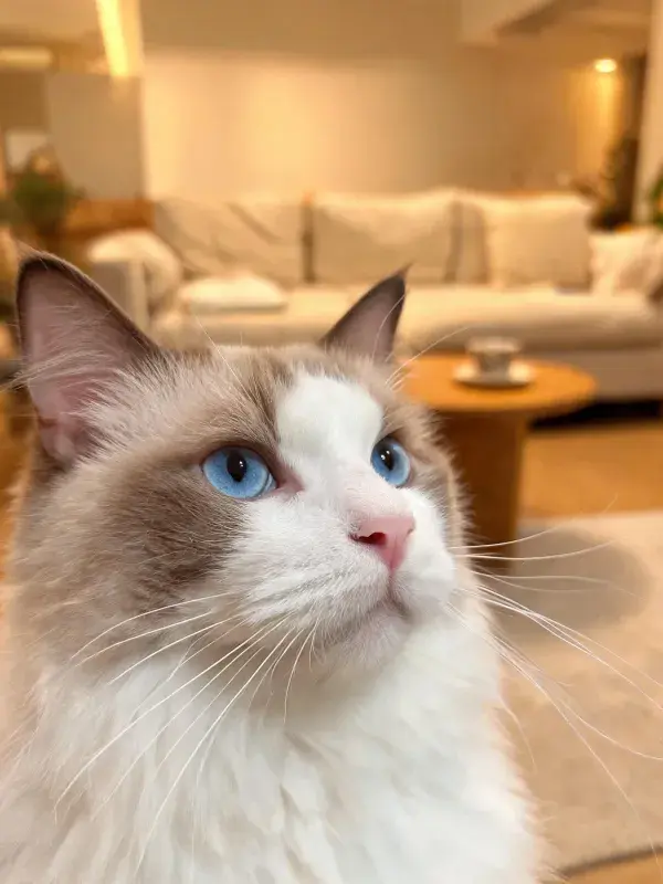 阳光明亮客厅里的布偶猫特写