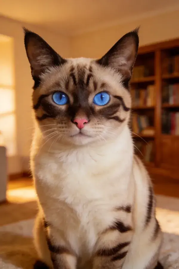 室内暖光下蓝眼暹罗猫