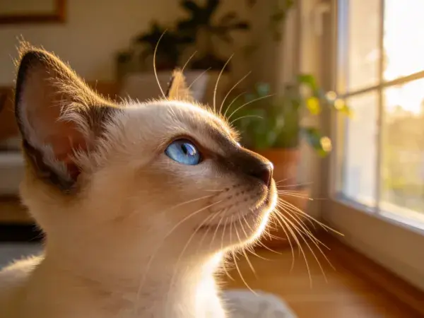窗边蓝眼暹罗猫特写场景