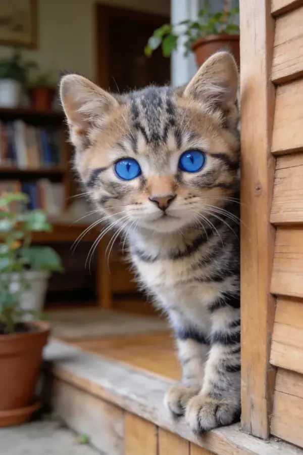 木屋门廊处的短毛虎斑猫