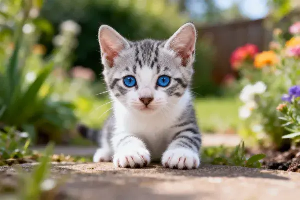 银虎斑短毛家猫静伏花园小径