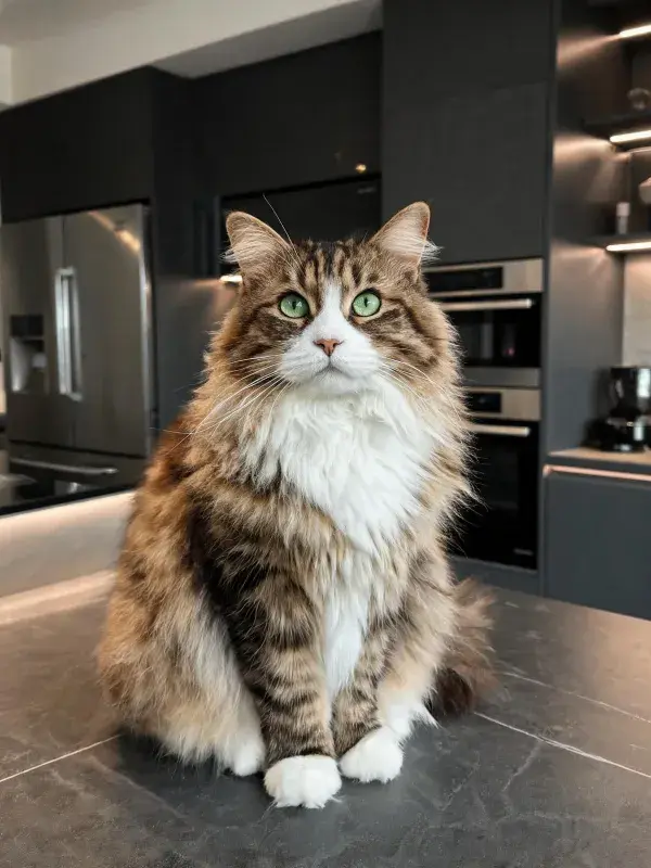 现代厨房内缅因猫姿态