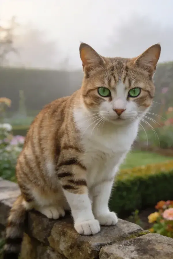 花园石栏上的橙白相间短毛猫