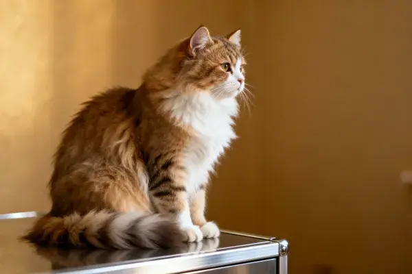 长毛橙白相间猫的金属表面观察