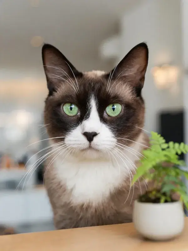 雪鞋猫在室内桌面旁的姿态