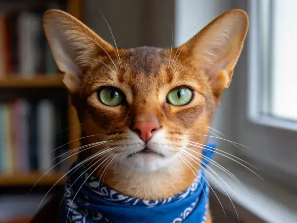 室内窗边戴蓝色围巾的艾比亚尼猫特写