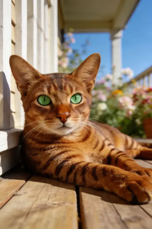 木质平台上金棕色孟加拉猫特写