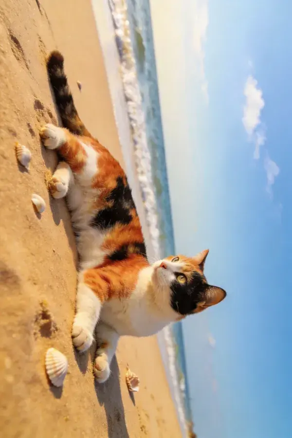 三色短毛家猫沙滩躺卧