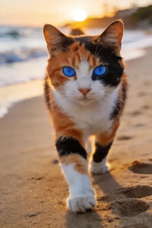 沙滩上蓝眼三色短毛猫特写